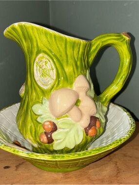 Hand-Painted Green Ceramic Pitcher and Bowl Set with Woodland Motif